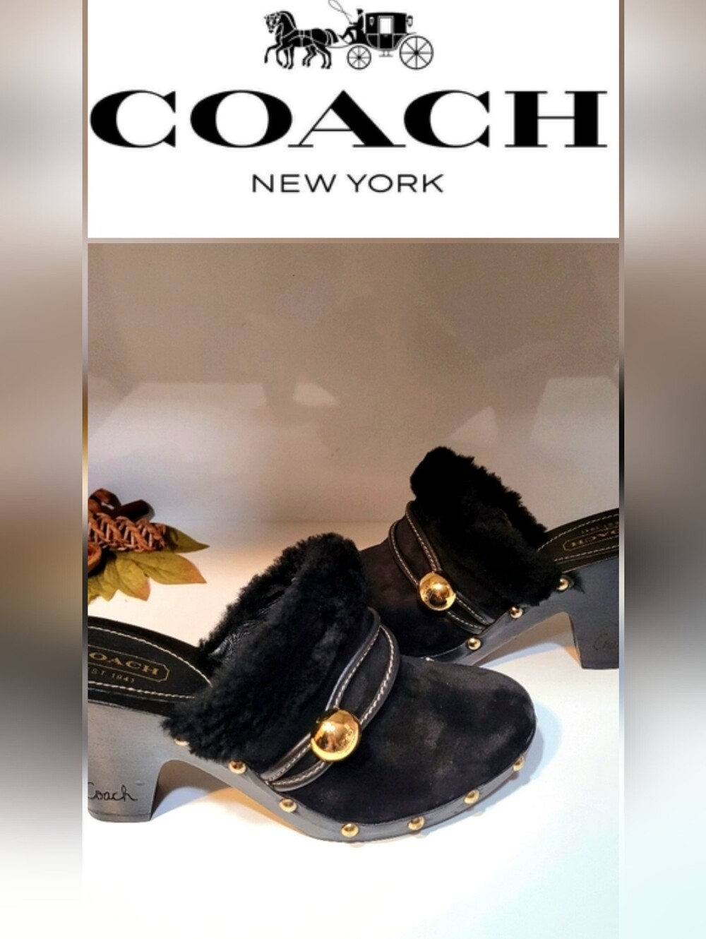 Coach Ivanka Suede Fur-Trimmed Clog Mule Heels In Black - Picture 1 of 7